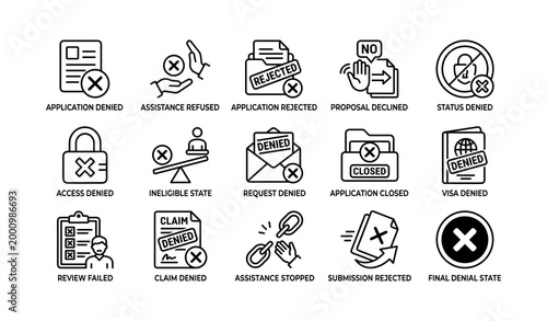 Denial and rejection icons showing application and access refusal