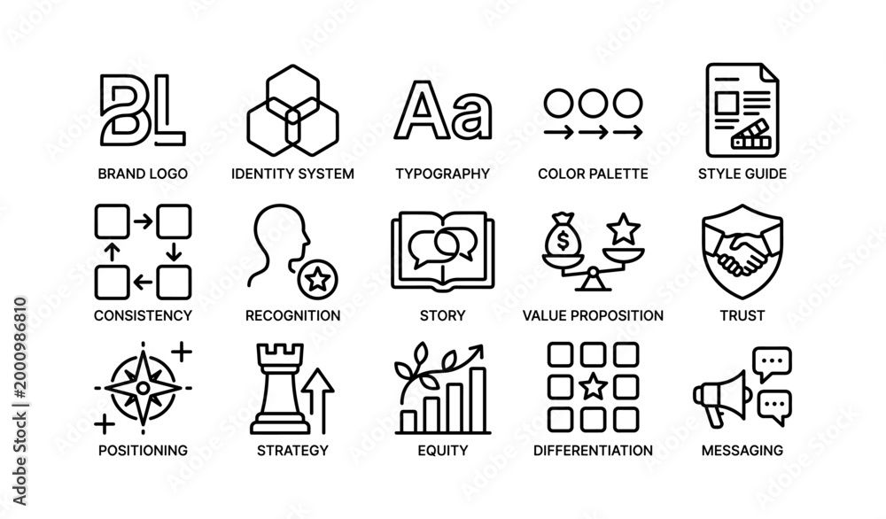 Fototapeta premium Brand identity and marketing icons displayed in grid layout