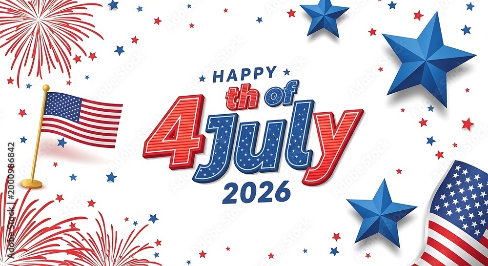 Obraz premium Happy 4th of july 2026 celebration with american flag, fireworks, and stars on white background