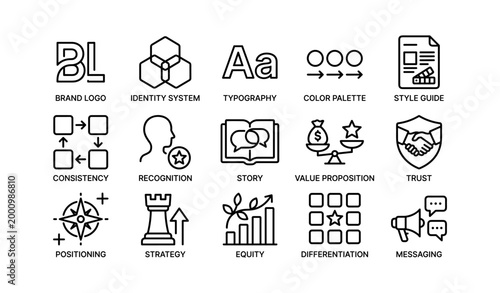 Brand identity and marketing icons displayed in grid layout