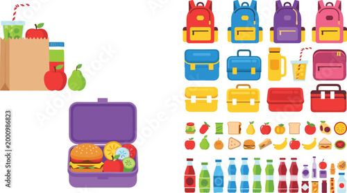 School Lunch and Backpack Supplies Vector Illustration Set Featuring Food Boxes Drinks Fruits Bags and Student Essentials for Education and Daily Use Design.