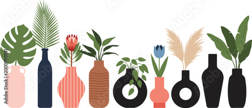 Modern Decorative Vases with Plants Vector Illustration Set Featuring Minimalist Home Decor Bottles and Botanical Elements for Interior Design and Styling.