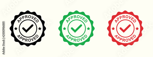 Set of approved stamp badges with check mark symbols in black, green, and red colors. Vintage style approval seals isolated on light background, perfect for certification, quality assurance, and valid