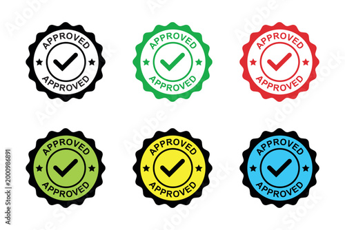 Set of colorful approved badge icons with check marks. Modern flat vector seals in multiple colors, perfect for certification, quality assurance, verified labels, stamps, and web or print design use.