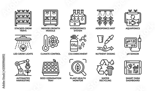 Indoor farming and hydroponics system icons on white background