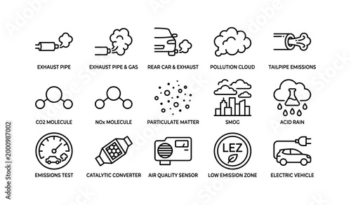 Vehicle exhaust and air pollution icons displayed in a grid