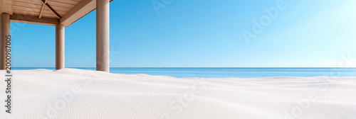 White beach cabana providing shade on a pristine tropical beach, idyllic summer vacation setting with calm turquoise ocean water and clear blue sky, ideal for relaxation and escape