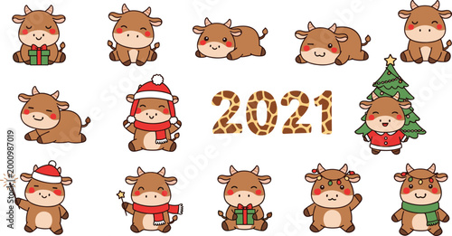 Cute Christmas Cow Characters Vector Illustration Set Featuring Festive Cows with Gifts Santa Hats and 2021 New Year Holiday Elements for Seasonal Design.