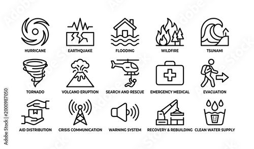 Disaster and emergency response icons displayed in grid on white