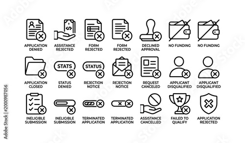 Application rejection and denial icons arranged on white background
