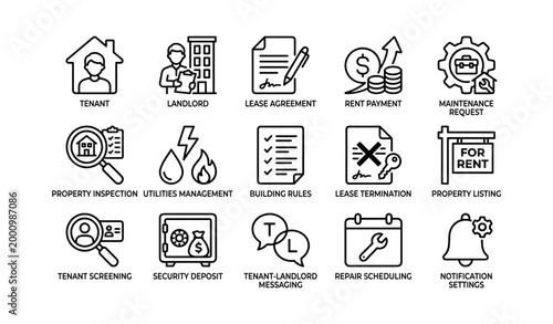 Property icons for tenancy processes and payments on white background