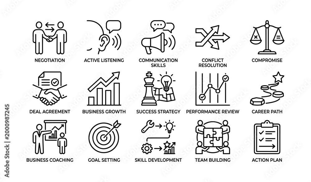 Fototapeta premium Business and teamwork icons showing skills and collaboration symbols