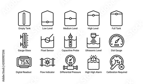 Tank level and sensor icons arranged in grid on white background
