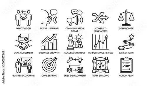 Business and teamwork icons showing skills and collaboration symbols