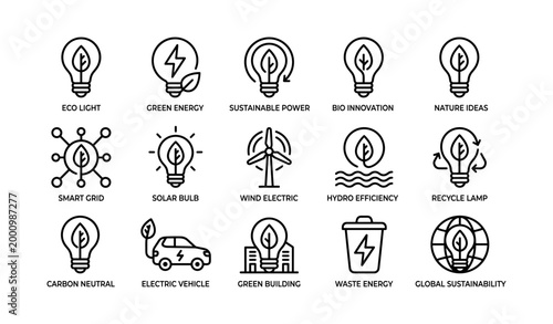 Sustainability and energy icons arranged in grid on white background