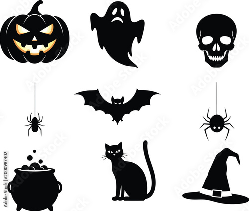 Halloween Silhouette Icon Set with Pumpkin, Ghost, Skull, Bat, Spider, and Witch Elements