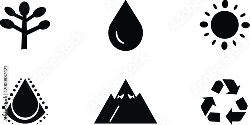 Collection of Six Black Icons Representing Nature Technology and Recycling Keywords: icons, symbols, nature, environment, recycling, sun, tree, water, mountain, technology, gear, settings, Grainy