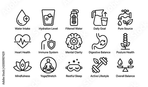 Wellness icons showing health and balance on white background