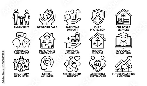 Family support and social services icons for care and resources