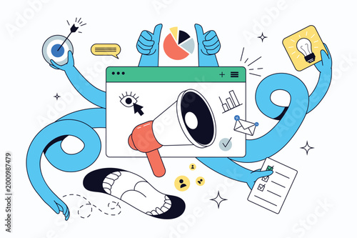 Digital marketing flat concept for web design. Online announcement and megaphone communication, advertising campaign for audience engagement, influence and business presentation. Vector illustration.
