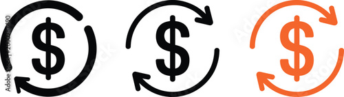 Currency exchange arrow icon set, dollar symbol and circular rotation indicators for financial transactions money transfer systems banking interface and fintech design elements.