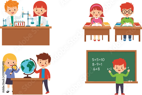School Classroom Activities Vector Illustration Set Featuring Students Learning Science Math and Geography with Teacher and Educational Elements for Kids Design.