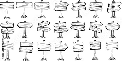 Collection of wooden sign posts and blank directional boards in sketch style isolated on white background