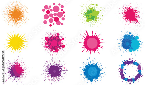 Colorful Paint Splash and Ink Blot Vector Illustration Set Featuring Abstract Splatter Shapes for Creative Design Background and Artistic Projects.
