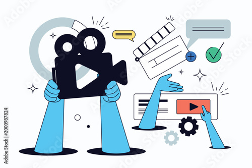 Video production flat concept for web design. Digital multimedia content creation, cameraman shooting with camera, movie director clapper, video scripts and footage editing. Vector illustration.