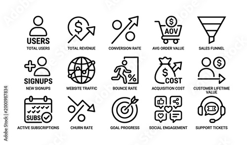 Business metrics icons showing kpis on white background