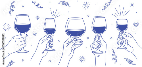 Celebratory group of hands holding wine glasses with festive confetti elements in blue line art style
