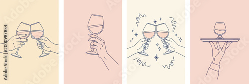 Hand drawn line art vector collection of glasses for toasts and wine service isolated on pastel background