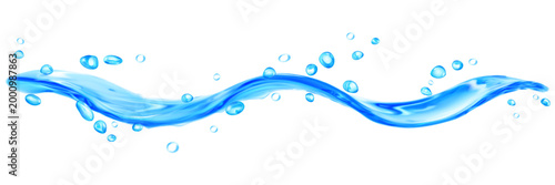 Translucent curved jet or splash of water with drops, in light blue colors, isolated on transparent background. Transparency only in vector file