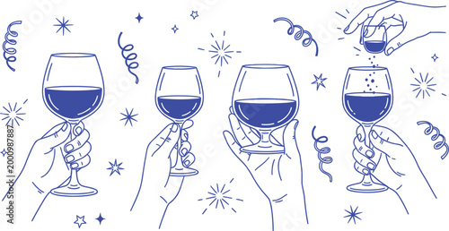 Group of hands raising wine glasses with pouring and celebration elements in blue line art vector