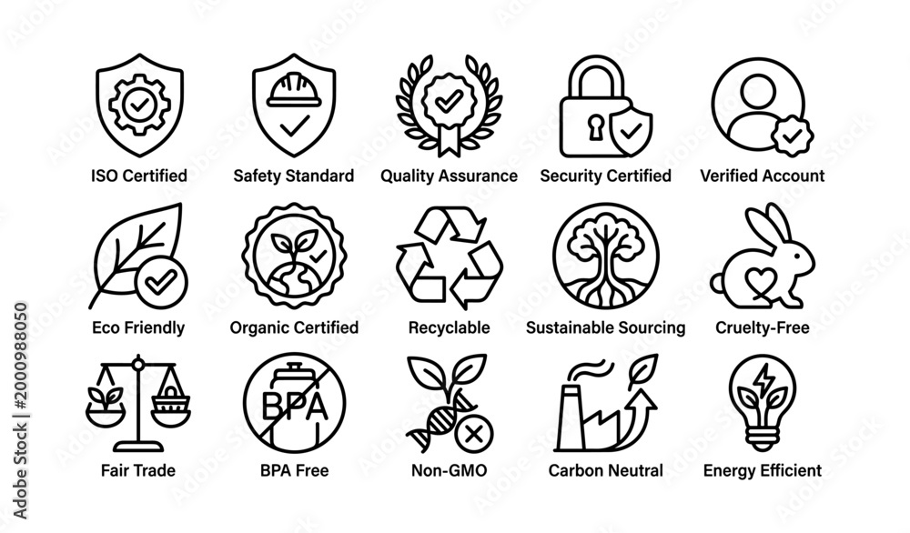 Fototapeta premium Sustainability and certification icons presented in grid layout