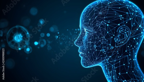 Futuristic ai human head with glowing blue connections and holographic reflections in dark background