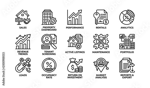 Real estate and portfolio icons showing analytics and metrics