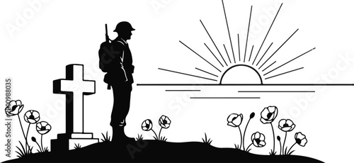 Anzac Day Remembrance Silhouette with Soldier Cross and Poppy Flowers at Sunset