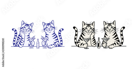 Naive doodle vector illustration of cats sipping martinis