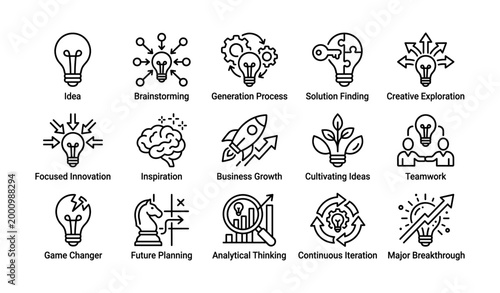 Innovation icons illustrating idea generation and teamwork concepts