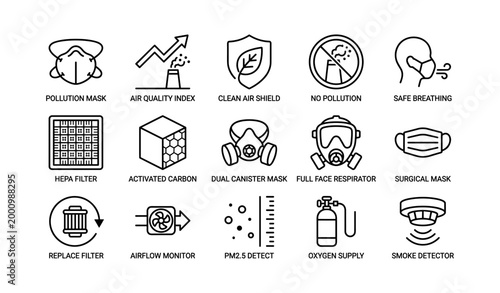 Air quality and respiratory protection icons showing masks and monitors