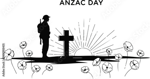 Lest We Forget ANZAC Day Commemoration Illustration with Soldier and Sunset Background