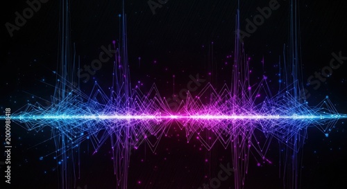 Vibrant digital sound wave pulse glowing with blue and pink light on a dark background.