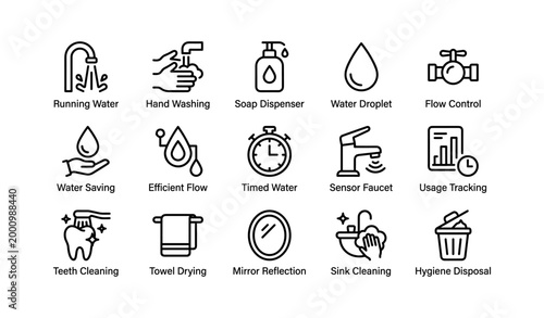 Water and hygiene icons displayed in grid on white background