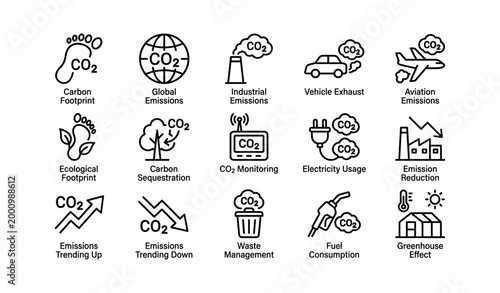 Carbon emissions and footprint icons illustrating co2 sources on white