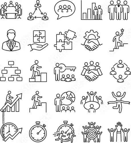 Business Leadership Teamwork Success Line Icons Set for Collaboration Growth Strategy Productivity and Corporate Development Concepts