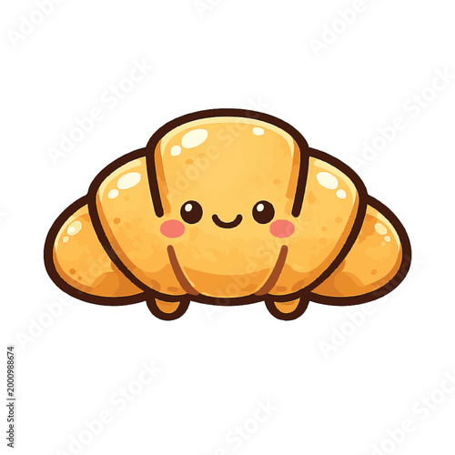 An adorable kawaii-style croissant with rosy cheeks, tiny dot eyes, and small arms, cartoon clip art