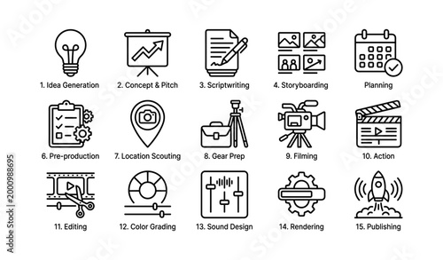 Video production icons illustrating stages from idea to publishing