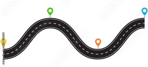 Journey path infographic template featuring winding highway route with location pins. Vector illustration isolated on white.