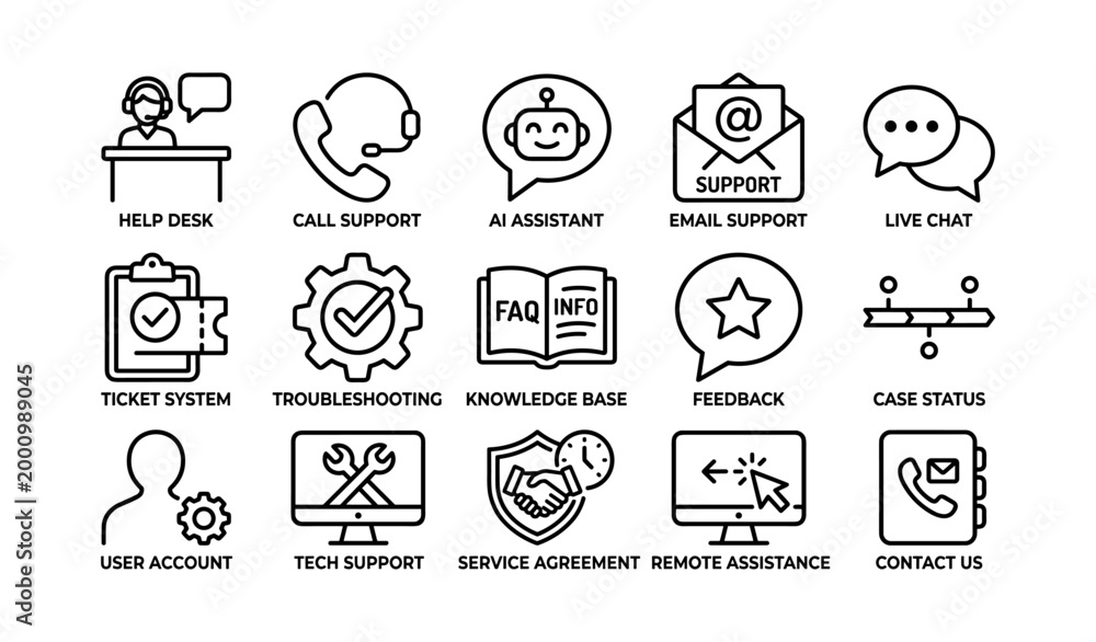 Fototapeta premium Grid of customer support icons with labels on white background